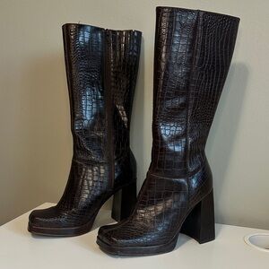 Steve Madden Vintage Latoya Brown Croc-Embossed Knee-High Boots with chunky heel
